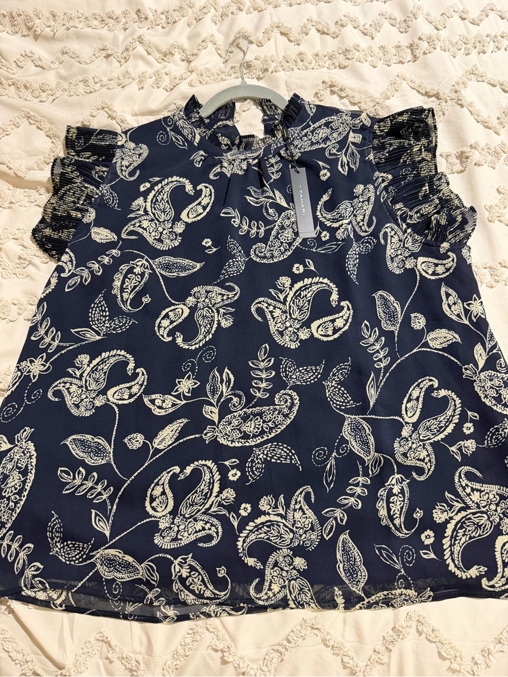 T. Tahari Navy Blue Paisley Ruffle Sleeve Blouse